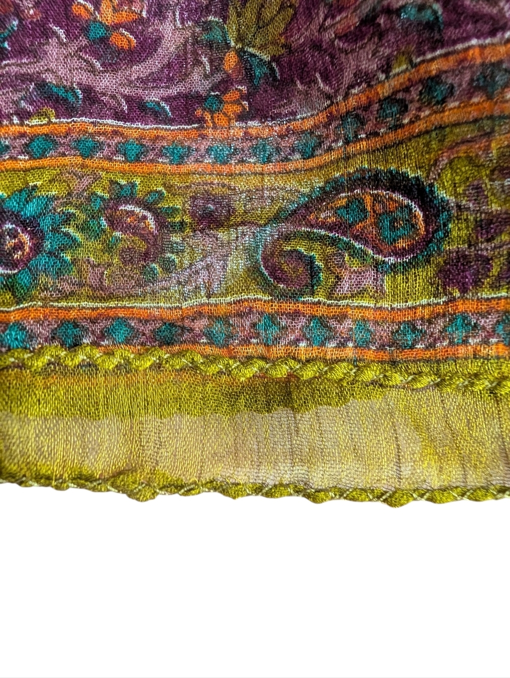 Boho Sheer Scarf Mustard Yellow Paisley Border Lightweight Wrap Shawl Festival - Picture 5 of 8